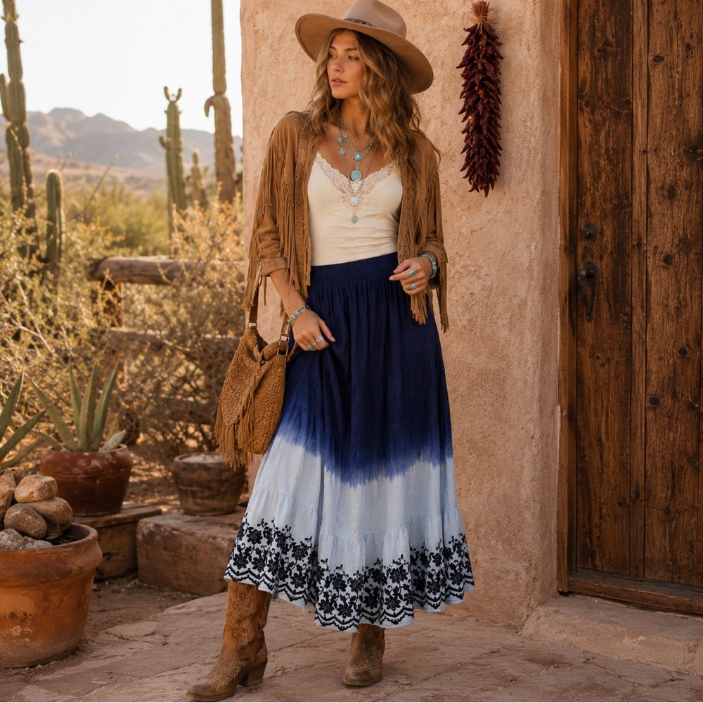 Studio West Embroidered Ombré Boho Midi Skirt Size S Blue White Festival Prairie